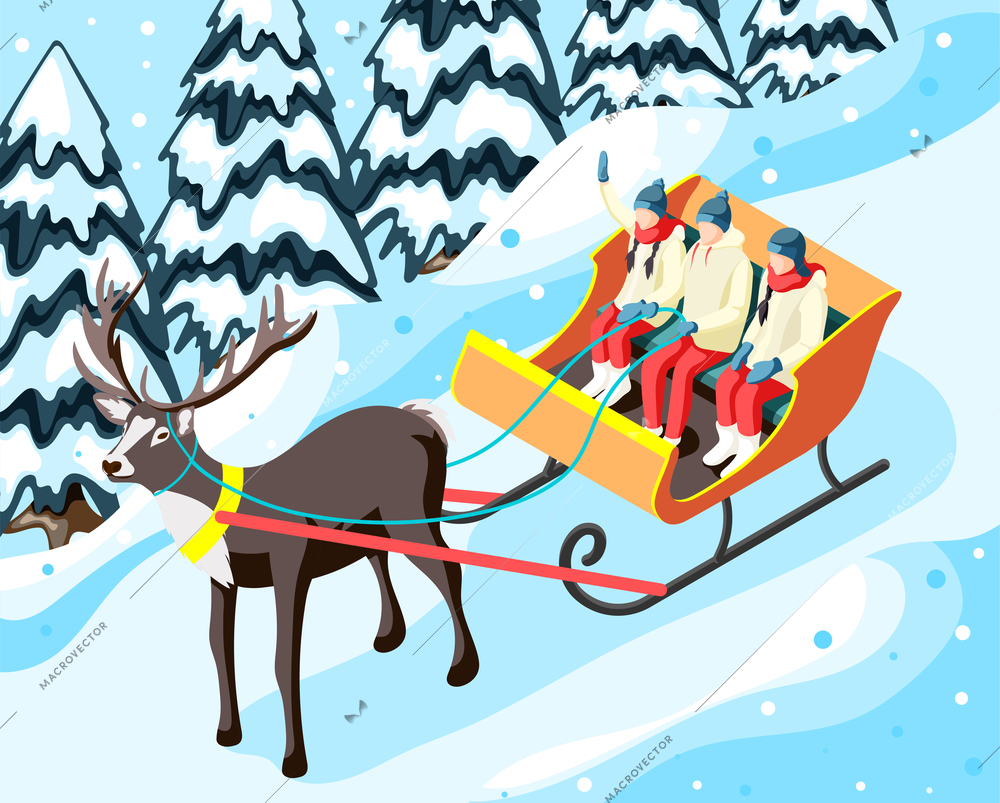 Family in sleigh pulled by reindeer in park or forest during winter holiday isometric vector illustration