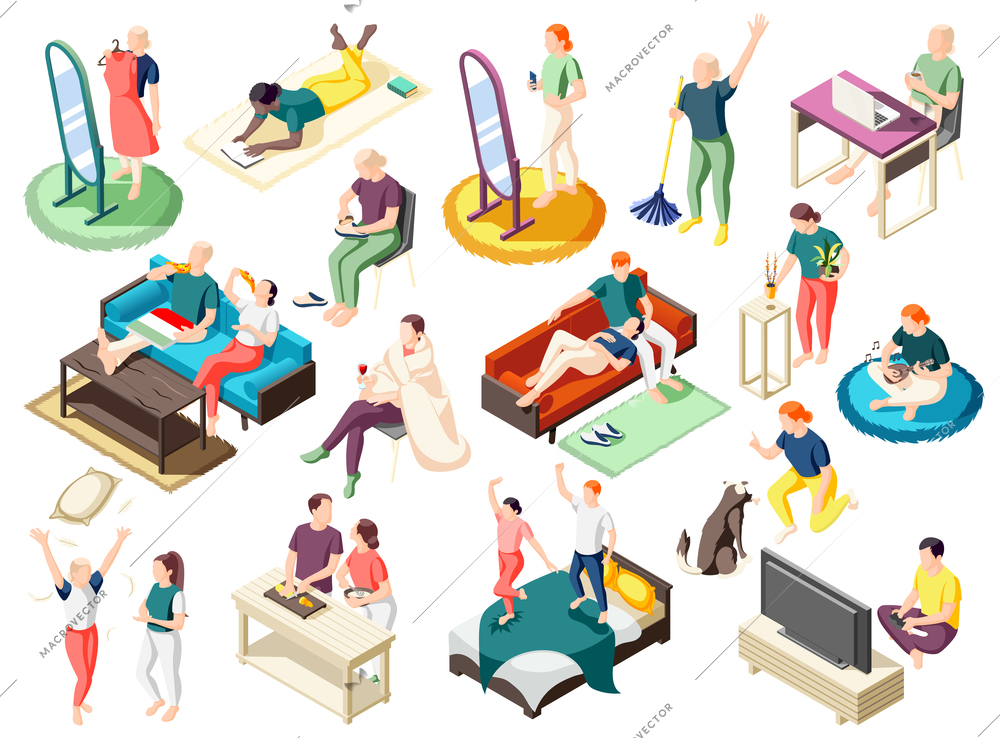 People during various activity at home on weekend set of isometric icons isolated vector illustration