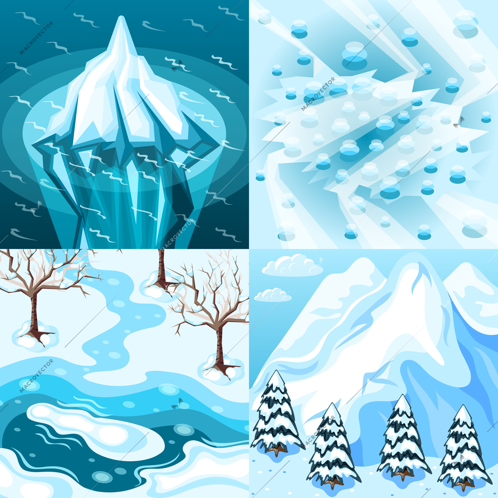 Winter landscaping isometric design concept with iceberg frozen and melting lake snowy mountain isolated vector illustration
