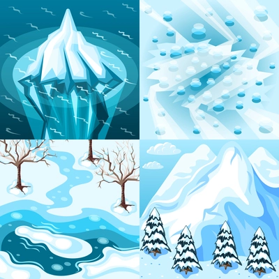 Winter landscaping isometric design concept with iceberg frozen and melting lake snowy mountain isolated vector illustration