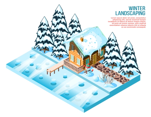 Winter landscaping isometric composition with wooden house snowy spruces and decorations near frozen lake vector illustration