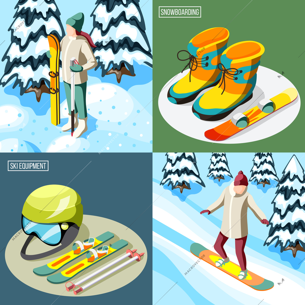 Ski resort isometric design concept skier with sports equipment and snowboarder on slope isolated vector illustration