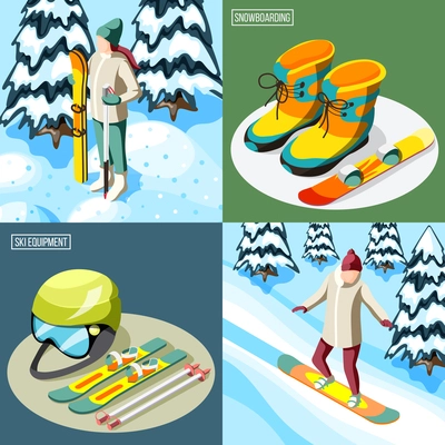 Ski resort isometric design concept skier with sports equipment and snowboarder on slope isolated vector illustration