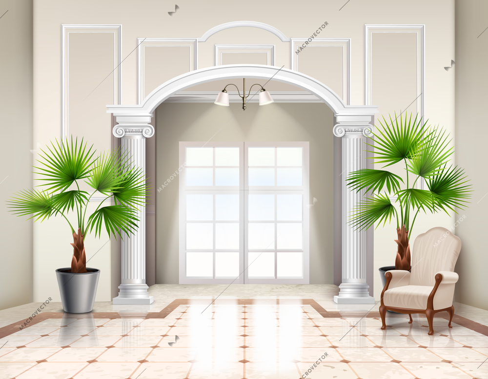 Indoor potted fan palm trees as decorative houseplants in classic spacious vestibule interior design realistic vector illustration