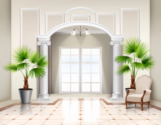 Indoor potted fan palm trees as decorative houseplants in classic spacious vestibule interior design realistic vector illustration