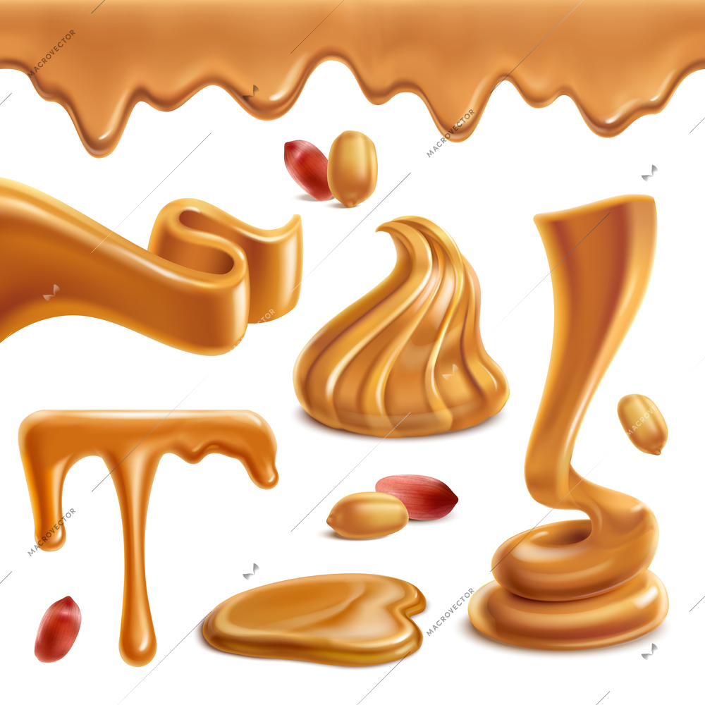 Peanut butter spread paste funny spiral figures melted puddles horizontal border roasted nuts realistic set vector illustration