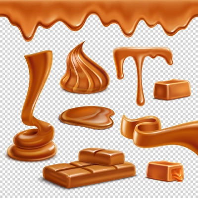 Caramel toffee melted border drops puddles spiral figures candies bar sweets realistic set transparent background vector illustration