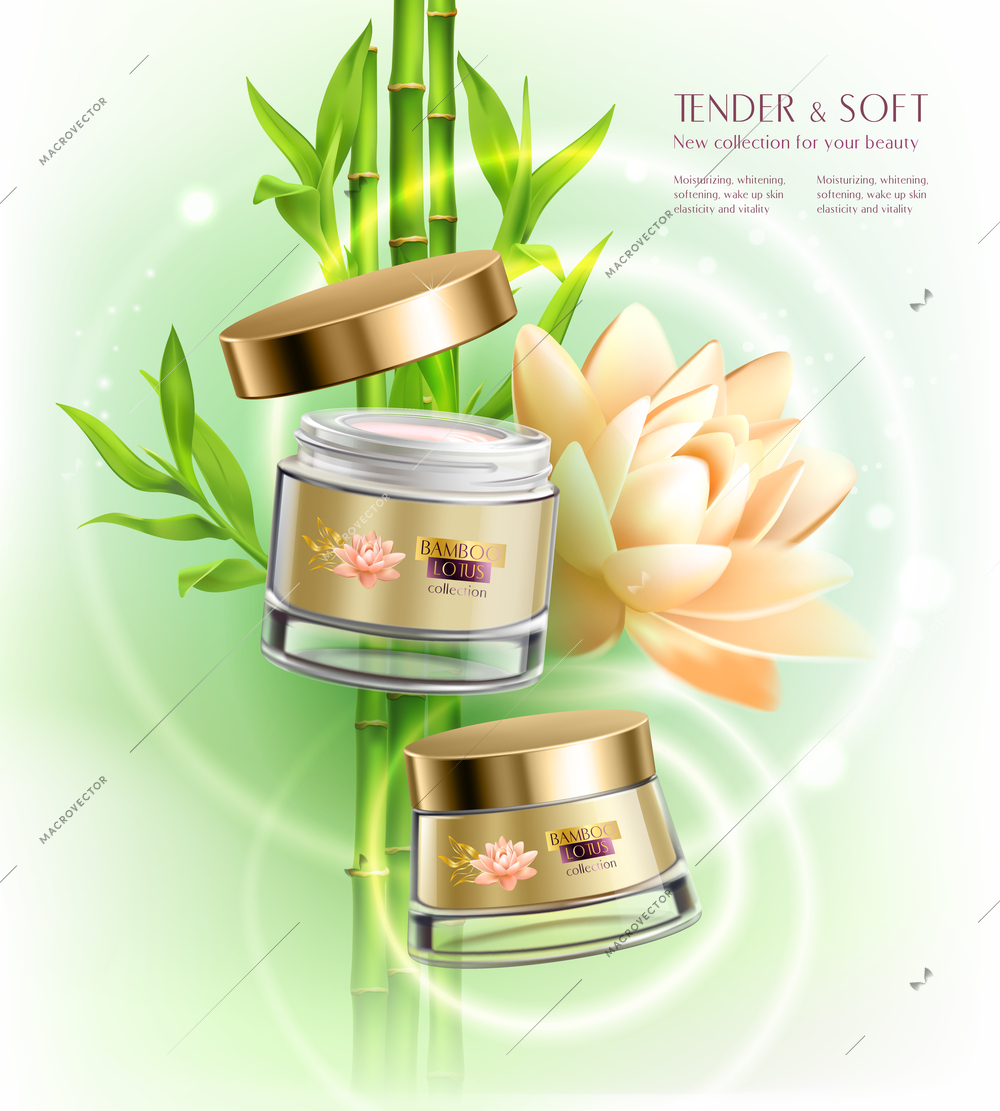 Cosmetics advertising skin softening  cream jar pot container realistic composition with lotus flower bamboo stalks vector illustration