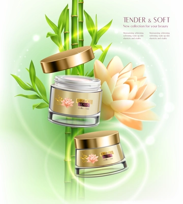 Cosmetics advertising skin softening  cream jar pot container realistic composition with lotus flower bamboo stalks vector illustration