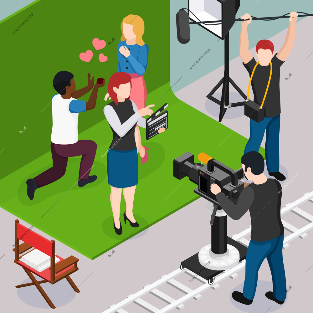 Actors operator sound engineer and assistant director during making of romantic movie isometric composition vector illustration