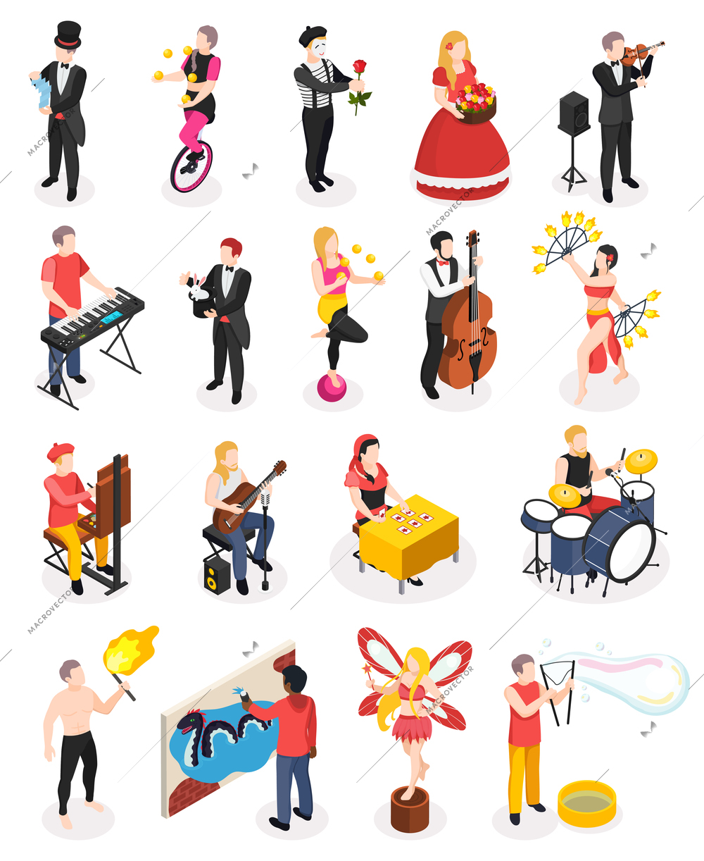 Street artists musicians master of fire show magicians living statues and florist isometric people isolated vector illustration