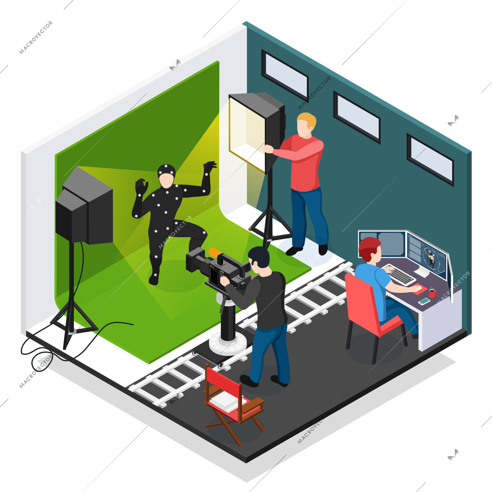 Cinema motion capture isometric composition with actor videographer illuminator and graphic designer during work vector illustration