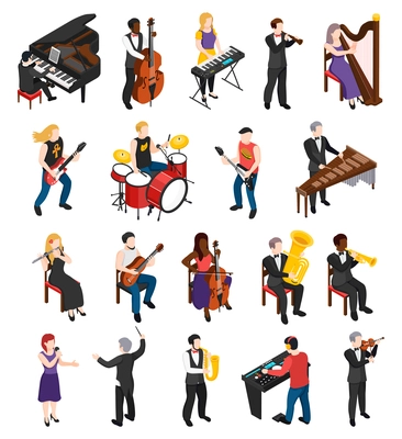 Conductor singer and musicians with stringed wind bowed and percussion instruments isometric people isolated vector illustration