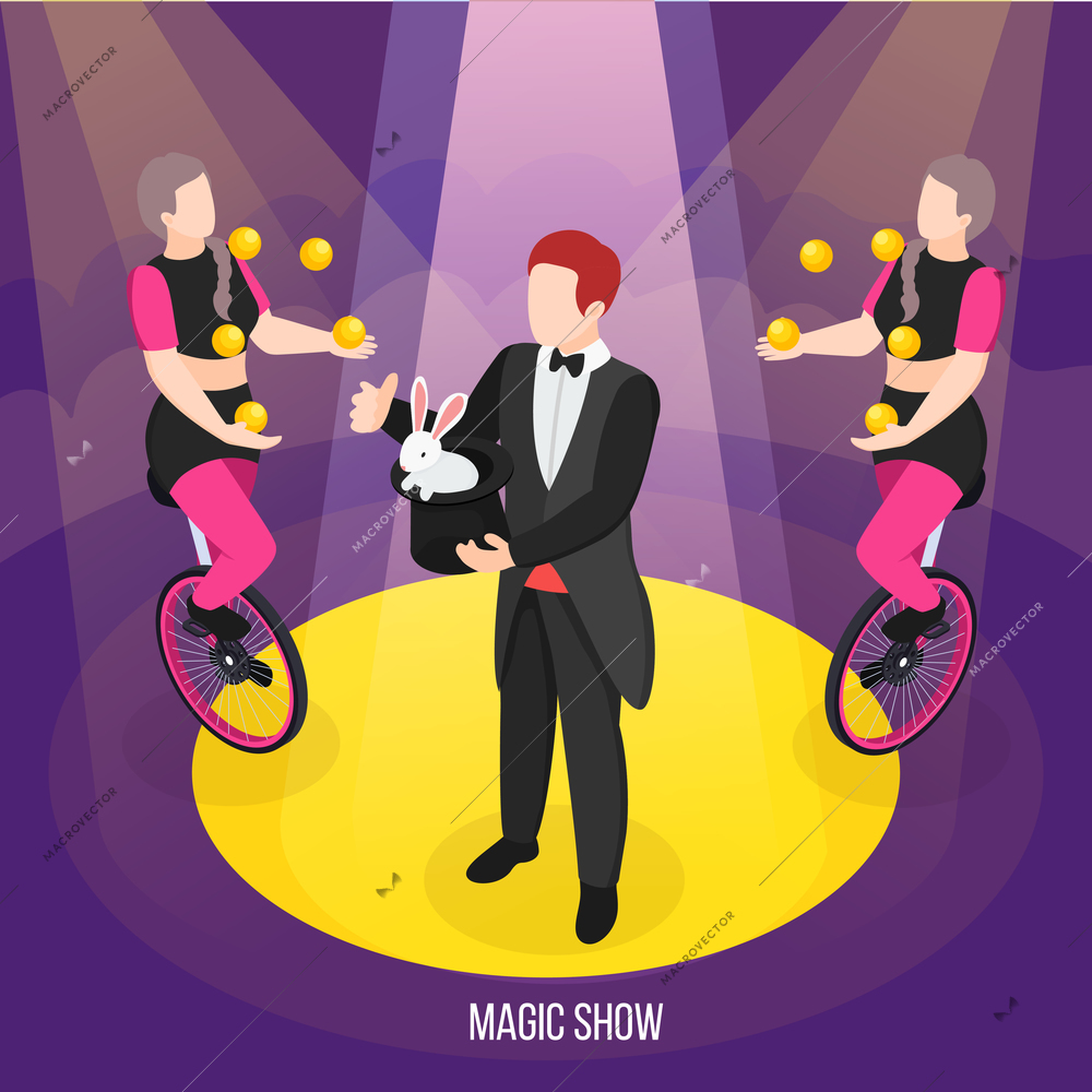 Magic show of street artists isometric composition conjurer during trick and girls jugglers on unicycles vector illustration