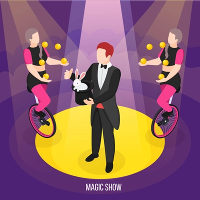 Magic show of street artists isometric composition conjurer during trick and girls jugglers on unicycles vector illustration