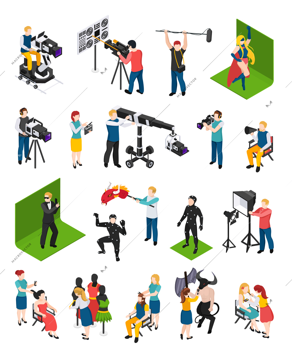 Cinematography isometric people videographers with camcorders actors director illuminator dresser and decorator isolated vector illustration