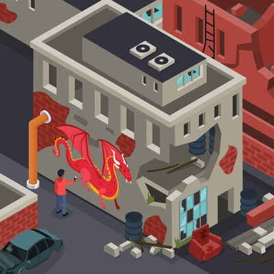 Street artist during making of dragon graffiti on wall of destroyed urban building isometric composition vector illustration