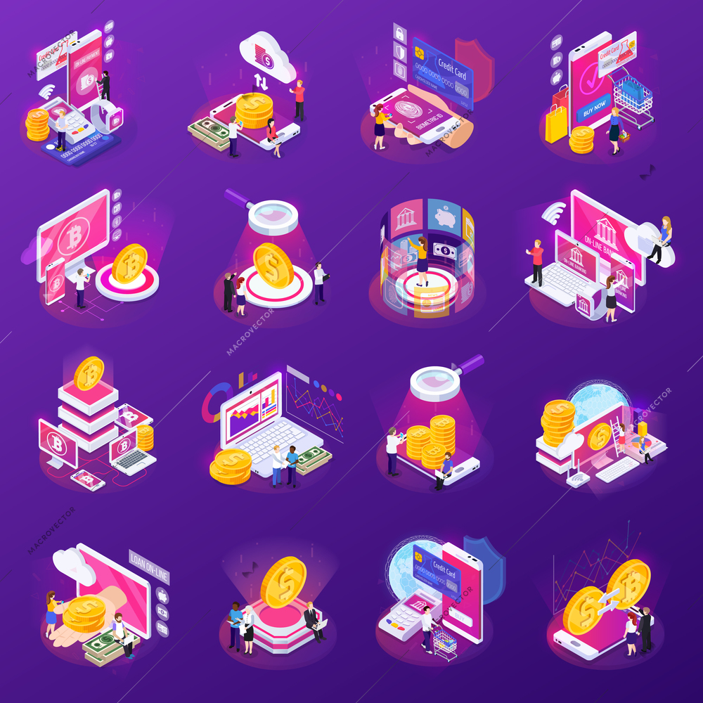 Financial technology set of isometric icons with glow on purple background isolated vector illustration