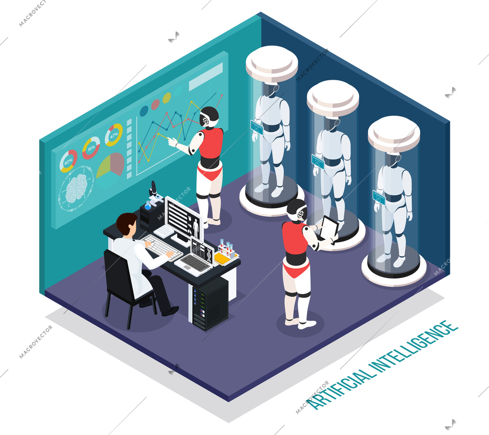 Scientist near computer during testing of robots droids in laboratory  isometric composition vector illustration