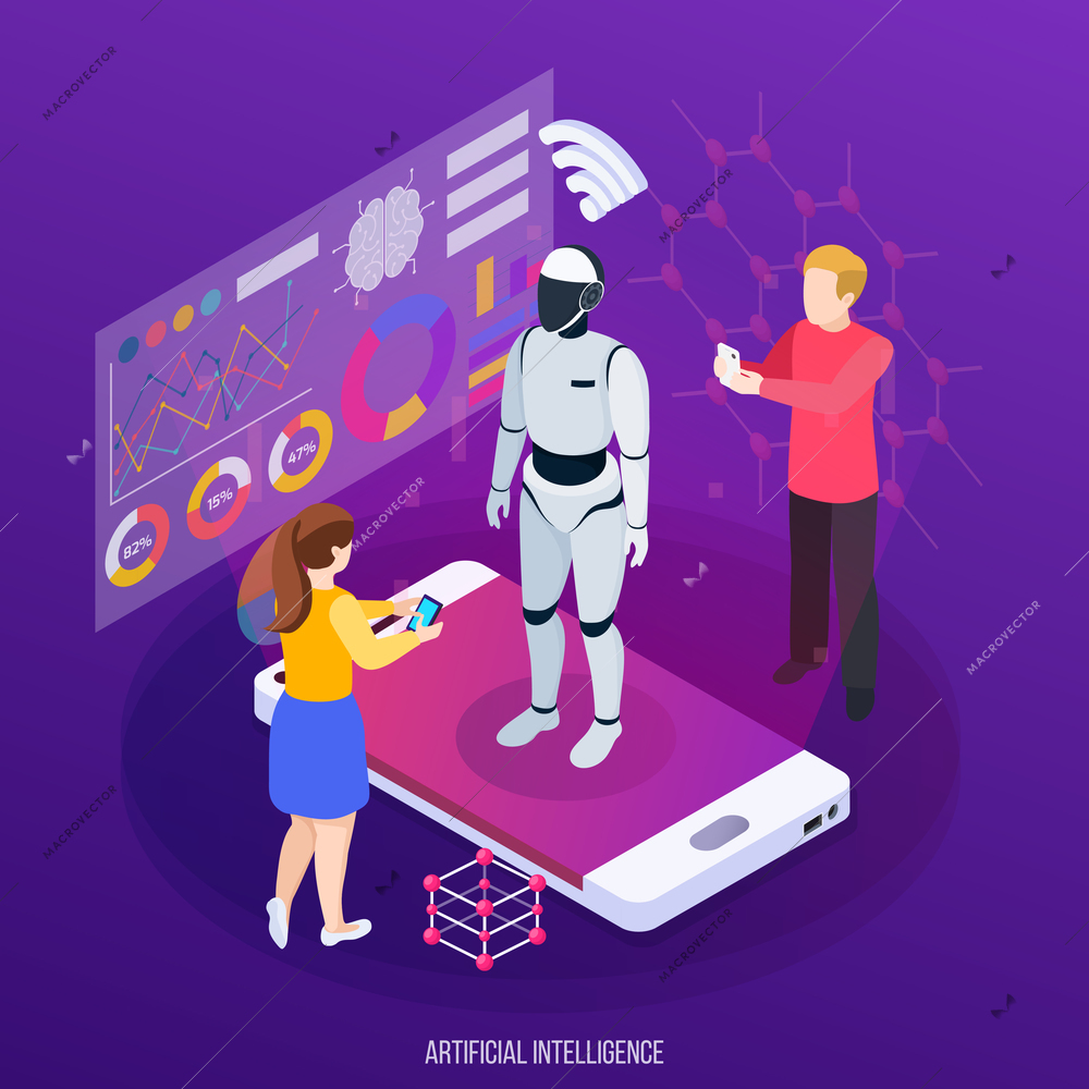 Artificial intelligence isometric composition human characters and robot on mobile device screen on purple background vector illustration