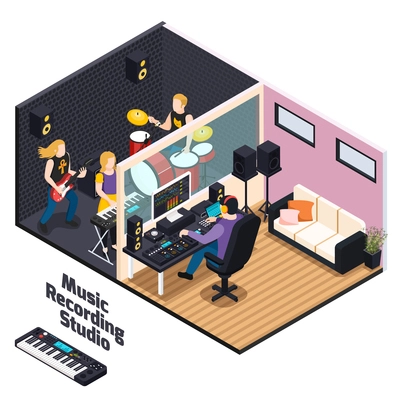 Musicians with instruments during recording of performance in music studio isometric composition vector illustration