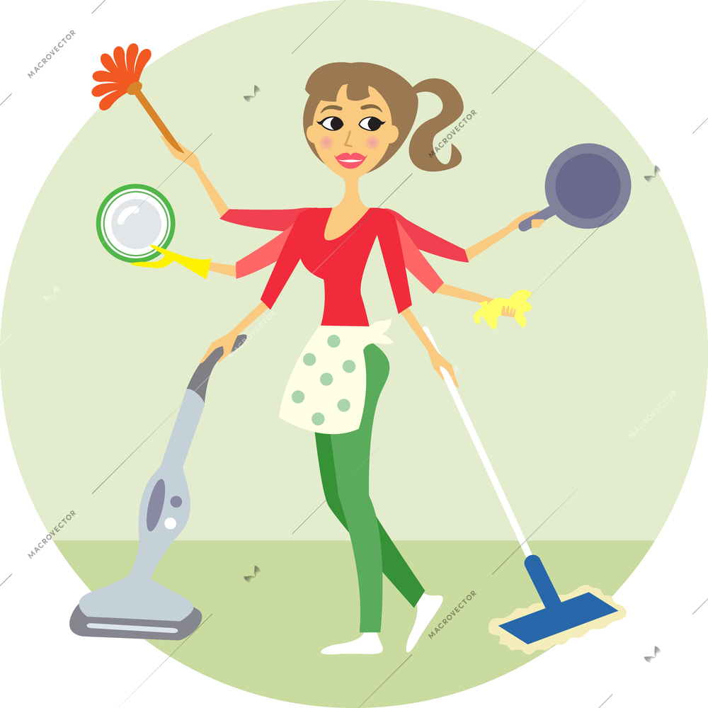 Housewife of all trades, washing and cleaning vector illustration