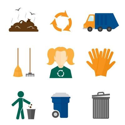 Garbage recycling icons flat set of landfill truck gloves isolated vector illustration