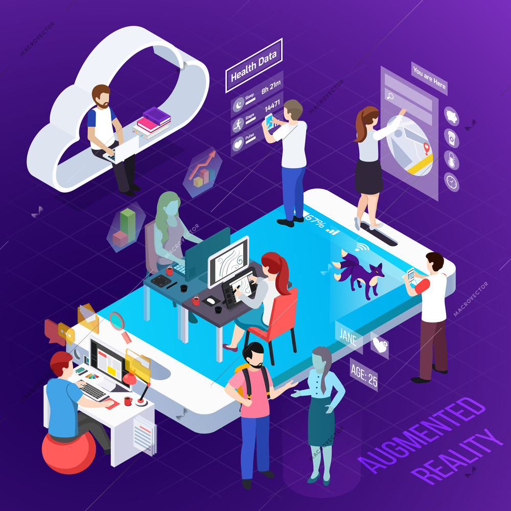 Human characters during interaction with augmented reality elements isometric composition on purple background vector illustration