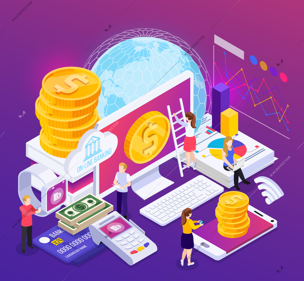 Online banking isometric composition with financial information and operations on purple background with glow vector illustration