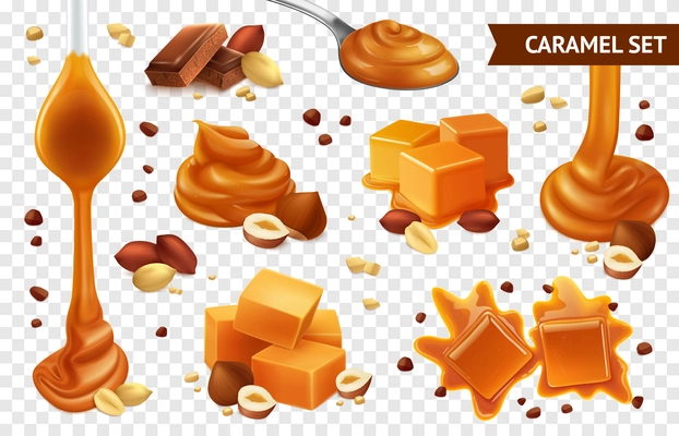 Realistic caramel chocolate nut icon set with different shapes taste and condition vector illustration