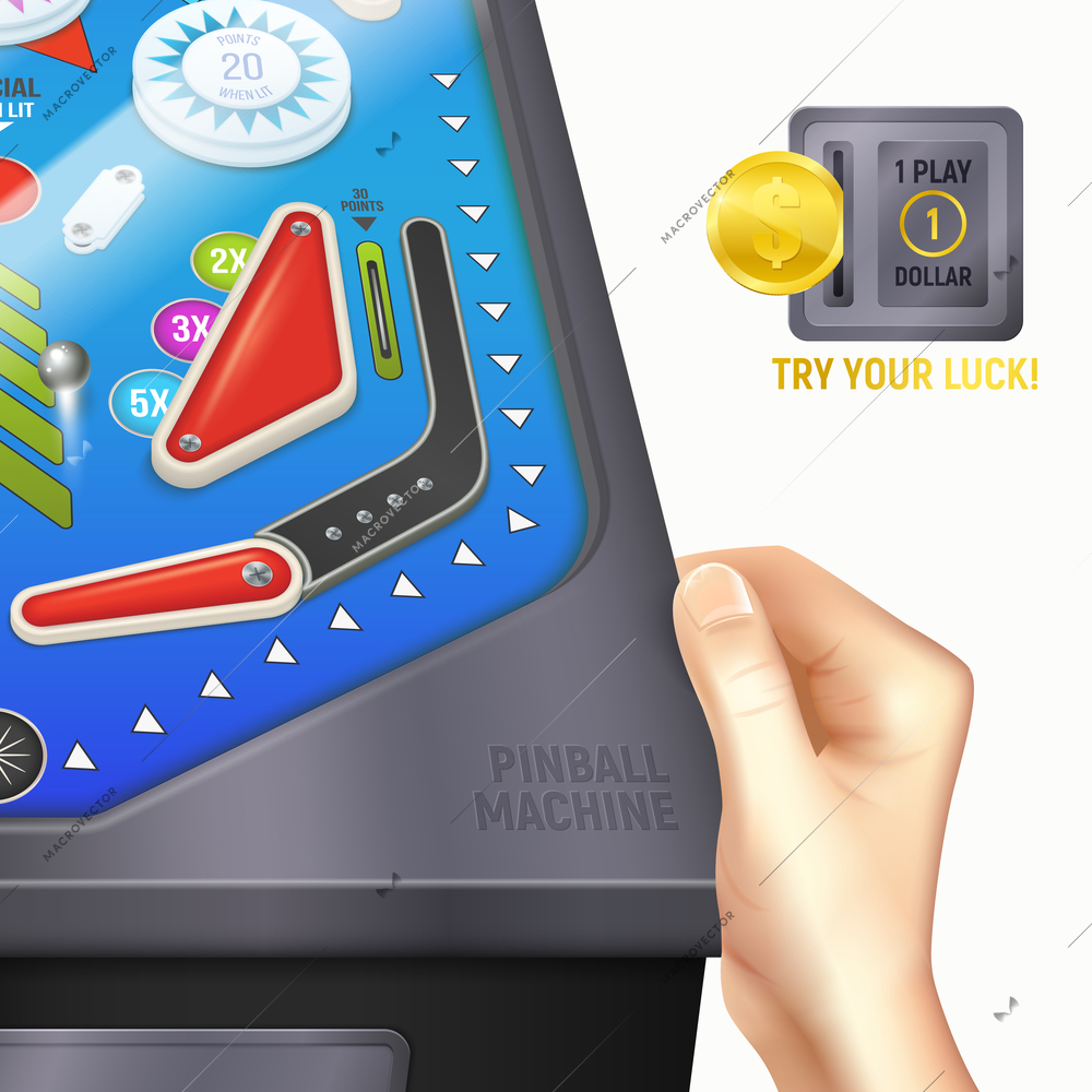 Colored cartoon pinball desk composition with hand of boy or girl on the desk and instruction try your lucky vector illustration