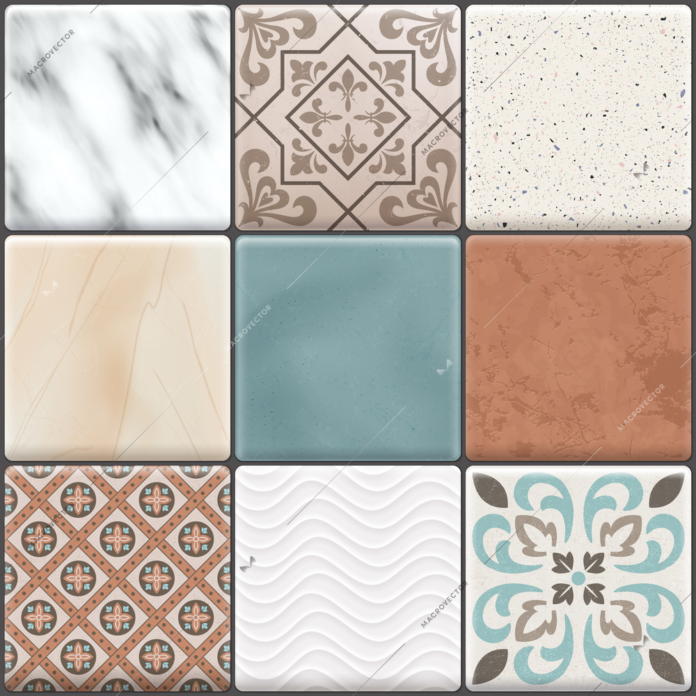 Colored realistic ceramic floor tiles icon set different types colors and patterns vector illustration