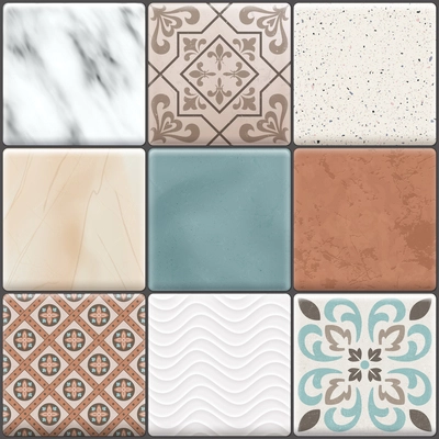 Colored realistic ceramic floor tiles icon set different types colors and patterns vector illustration