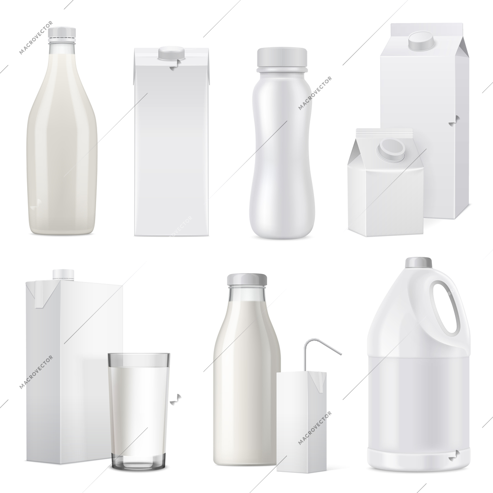 Isolated white realistic milk bottle package icon set from glass plastic and paper vector illustration