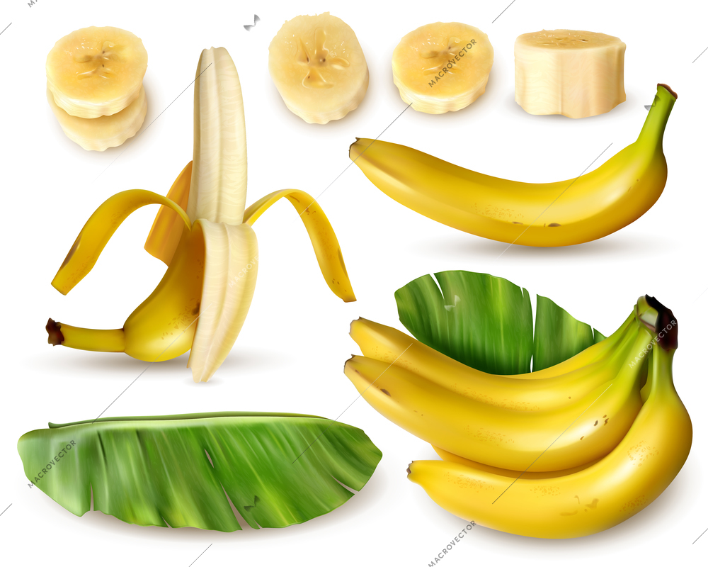 Realistic banana set with various isolated images of fresh banana fruit with skin leaves and slices vector illustration