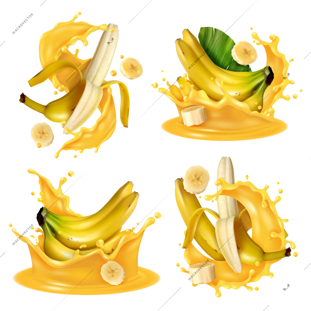 Realistic banana juice splash set with four isolated images of banana fruits floating in yellow liquid vector illustration