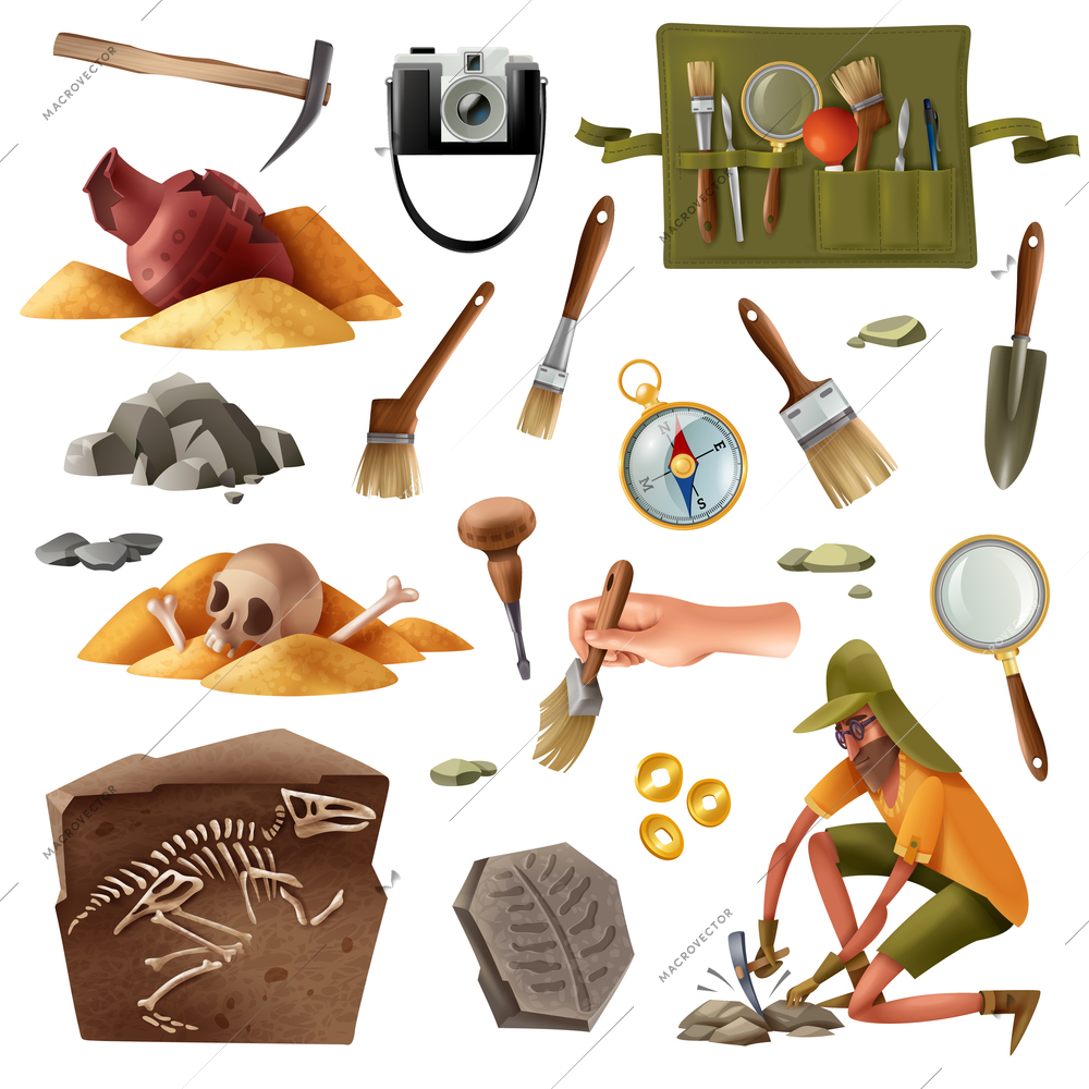Archeology set of isolated elements images of digging equipment excavation artefacts with doodle style human character vector illustration