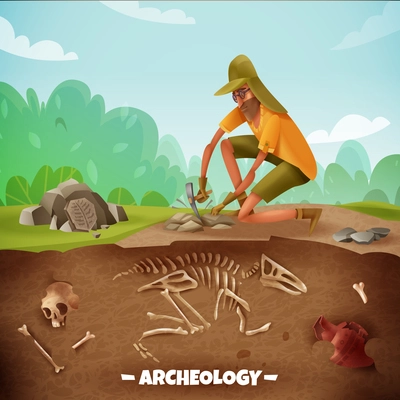 Archeology background with text and archeologist character during archeological excavations with dinosaur bones and outdoor landscape vector illustration