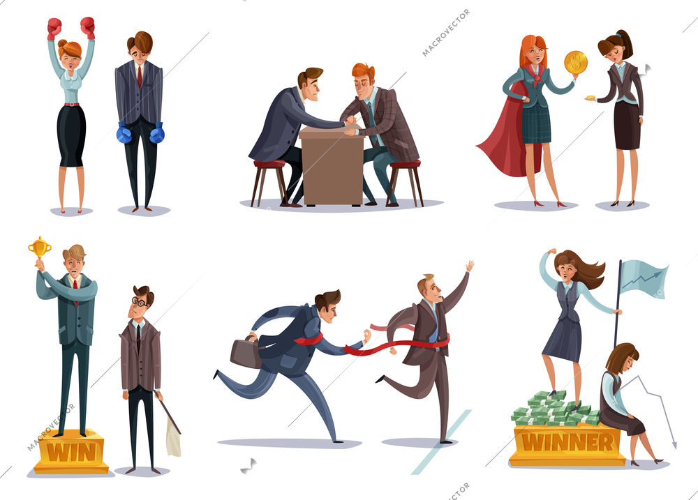 Investor business winner loser characters set of isolated images with doodle style characters enter sport competitions vector illustration