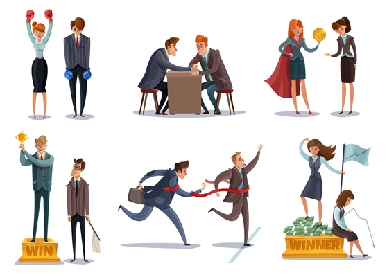 Investor business winner loser characters set of isolated images with doodle style characters enter sport competitions vector illustration