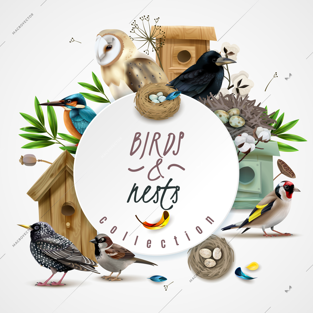 Birds nests frame composition with images of bird houses leaves and circle spot with editable text vector illustration