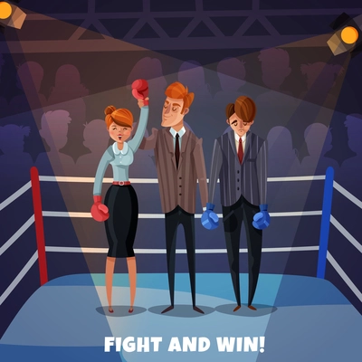 Business winner loser characters women men background with boxing ring and business people fight and win vector illustration