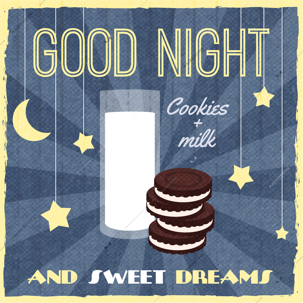 Sweet dreams retro poster with biscuits dessert and milk vector illustration