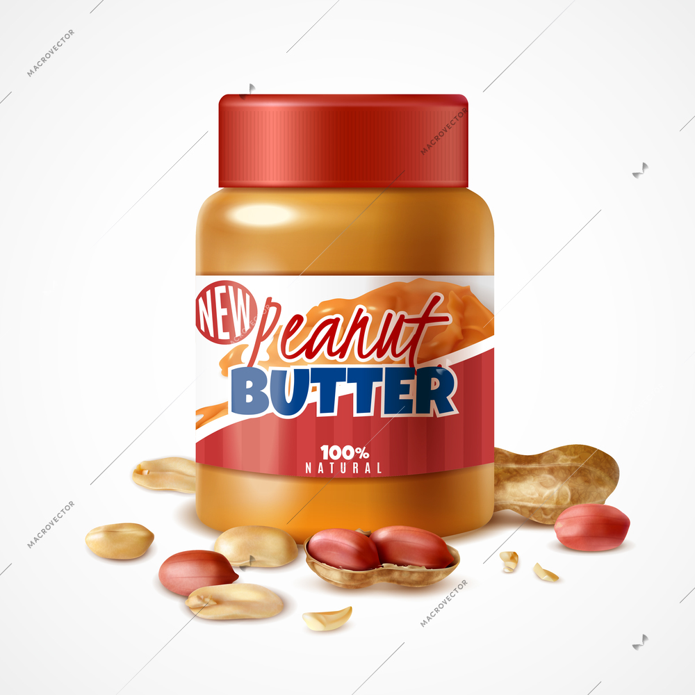 Realistic jar of peanut butter composition with branded can packaging and ripe arachis nuts with shadows vector illustration