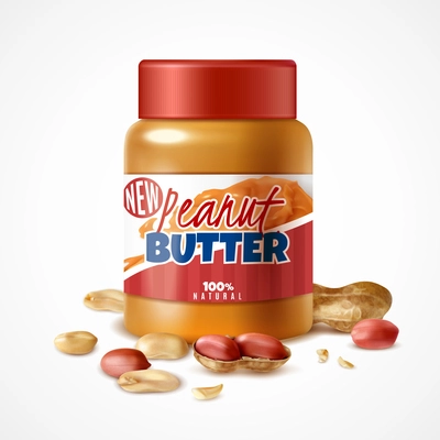 Realistic jar of peanut butter composition with branded can packaging and ripe arachis nuts with shadows vector illustration