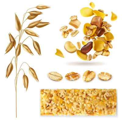 Realistic muesli set of isolated images with cereal plant beans and ready breakfast granola mix vector illustration