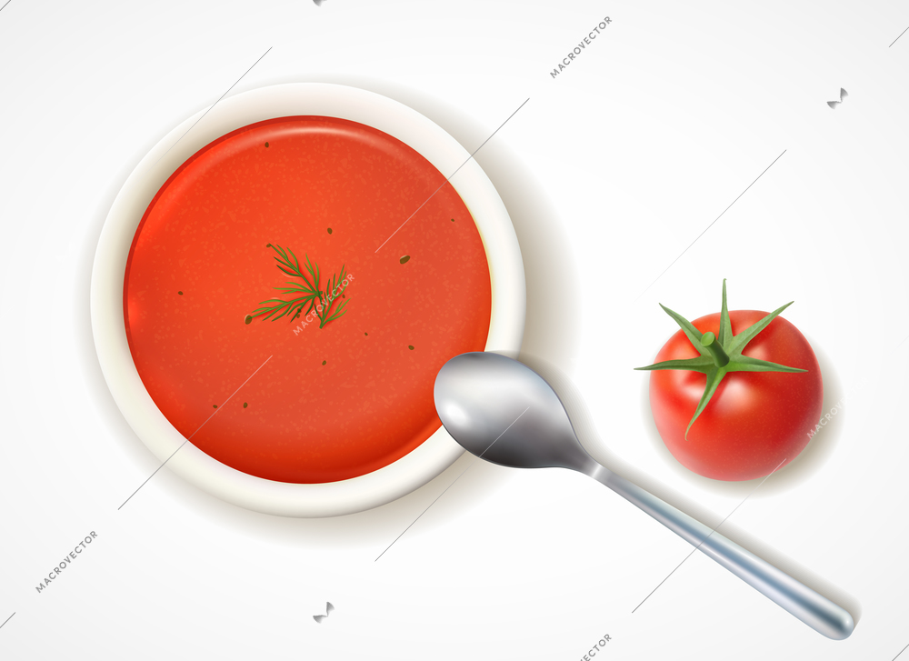 Realistic tomato soup composition with top view of table plate and spoon with ripe tomato fruit vector illustration
