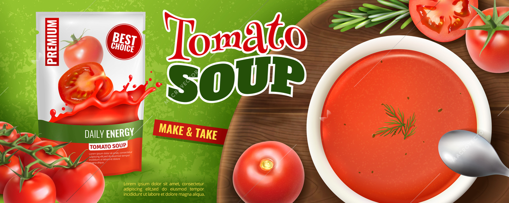 Realistic tomato soup advertising poster with branded packaging and wooden board with plate filled with soup vector illustration