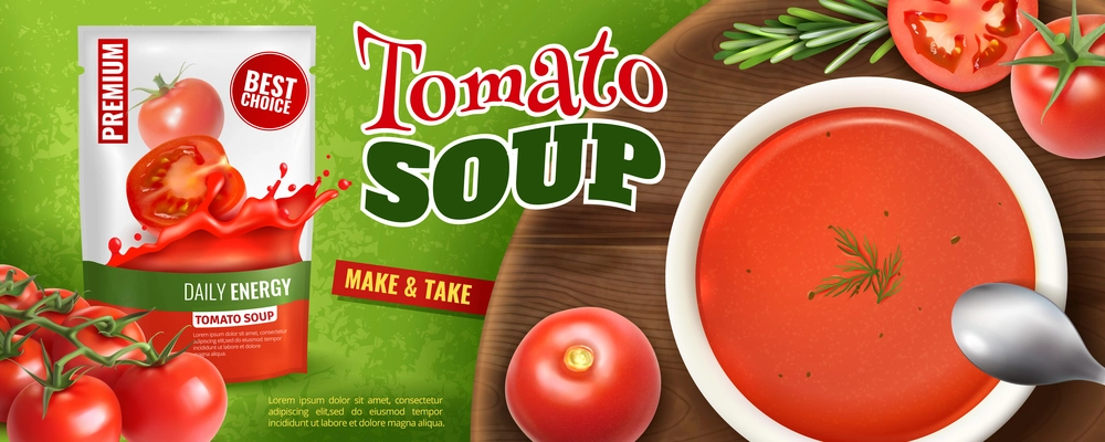 Realistic tomato soup advertising poster with branded packaging and wooden board with plate filled with soup vector illustration