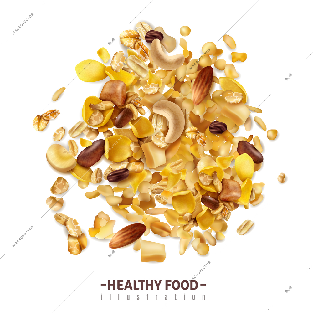 Realistic muesli superfood isolated background with editable text and fruity cereals mix on blank surface vector illustration